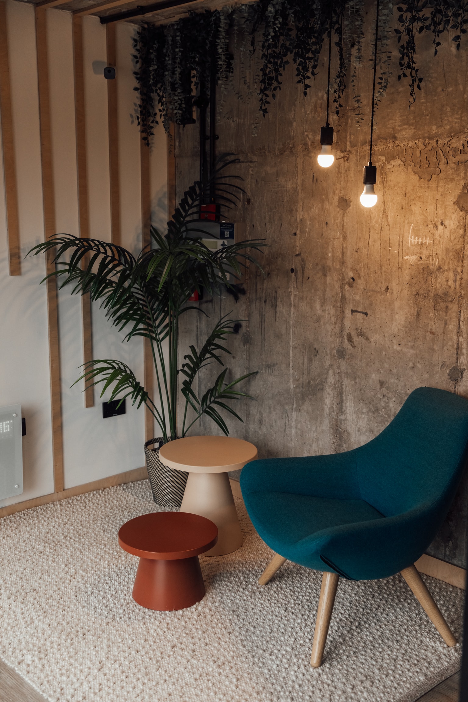 Image of a comfortable seat alongside two side tables and a large leafy plant