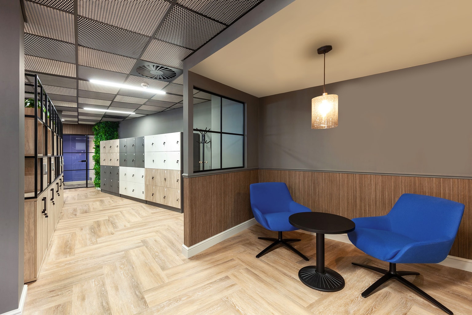 Image of lockers and small seating area